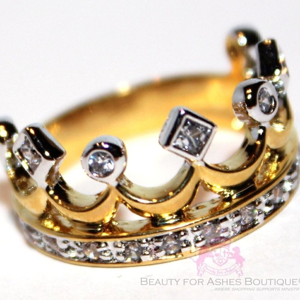 Cubic Zirconia Royalty Princess Clear CZ Two Tone Gold Plated Crown of Life Ring
